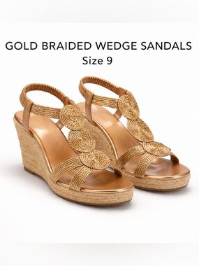 Gold Braided Espadrille Wedge Sandals Size 9 Metallic Slingback Platform New